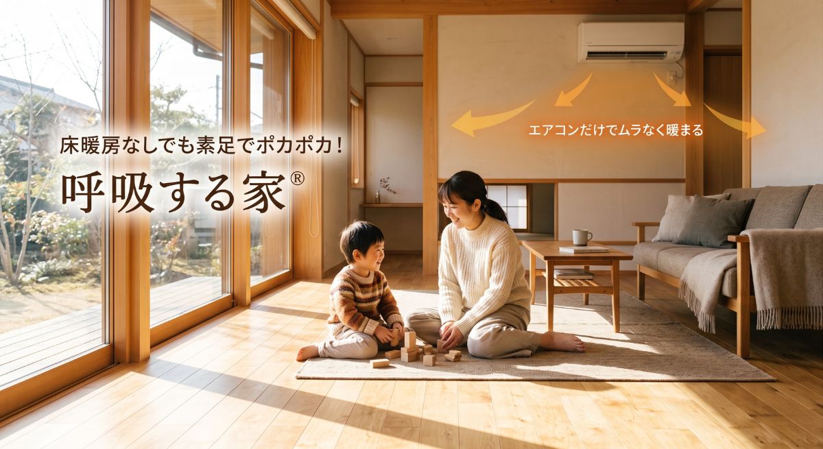 明るい光が差し込むリビングで、裸足でリラックスする家族。無垢の床材と「呼吸する家」独自の断熱効果により、床暖房がなくても足元からポカポカ暖かい、快適で省エネな暮らしの様子。