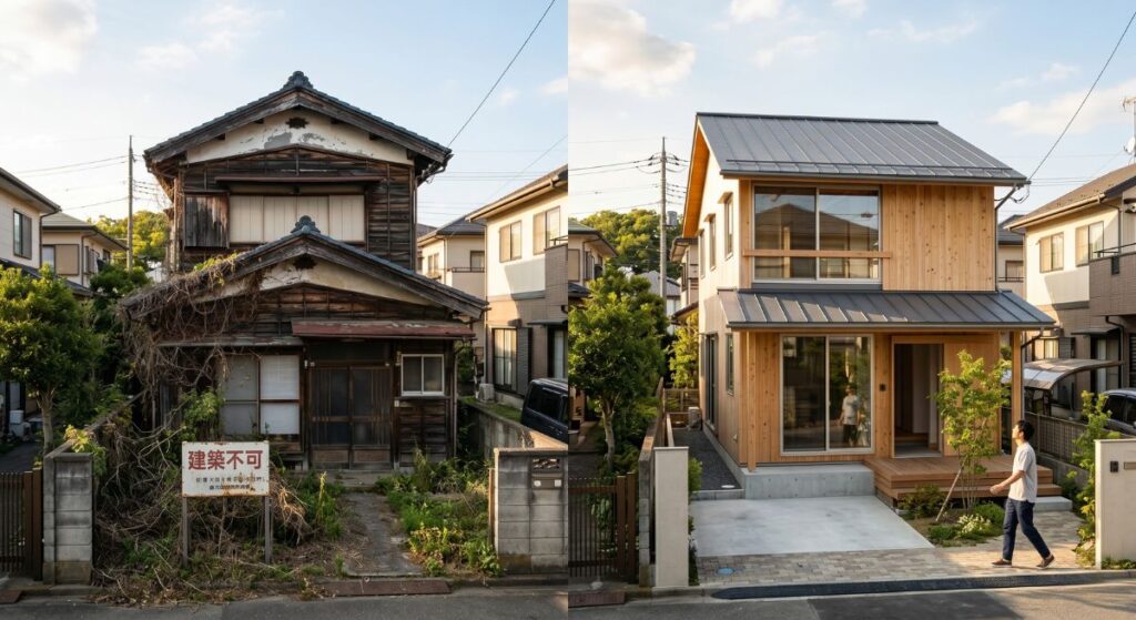 左側は草木が茂り「建築不可」の看板が立つ老朽化した日本の古民家。右側は同じ場所に5年かけて建てられた、明るい木目調のモダンな新築住宅と、前を歩く男性の姿。建て替え前後のビフォーアフター。