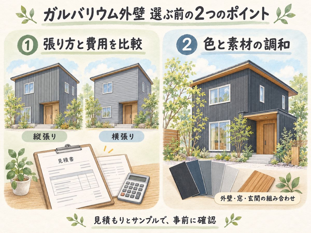 ガルバリウム外壁の縦張り・横張りと費用の比較、外壁の色と木目の玄関の調和を紹介する水彩風イラスト