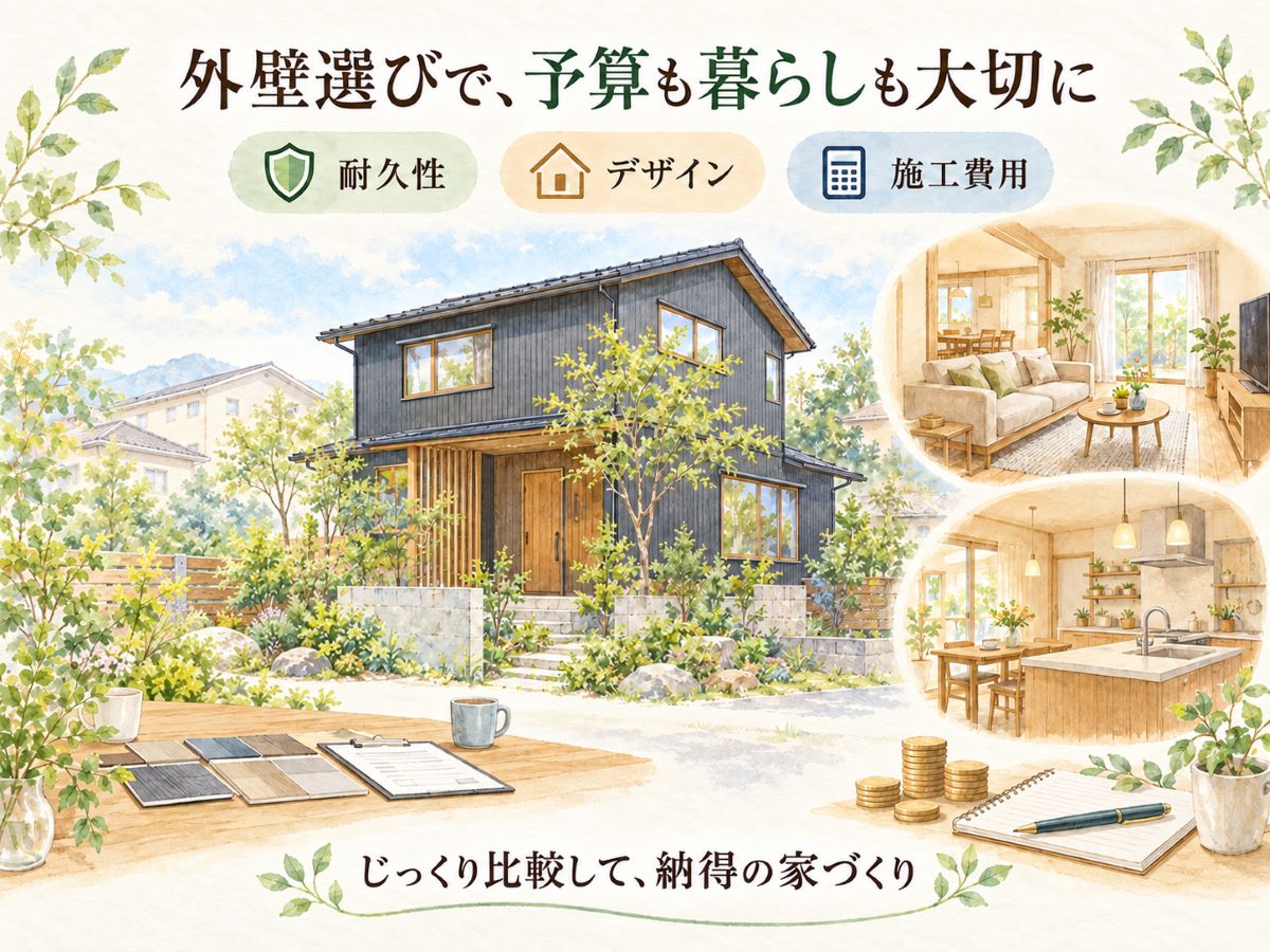ガルバリウム外壁の住宅とリビング・キッチン、外壁サンプルを描き、耐久性・デザイン・施工費用のバランスを伝える水彩風イラスト