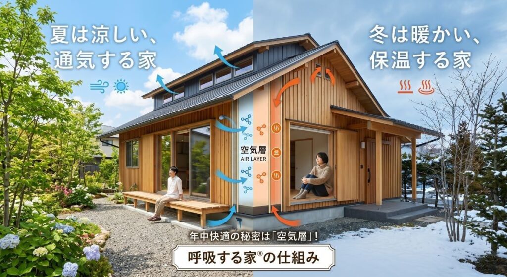 夏と冬の「呼吸する家」の仕組み。左側は夏の庭と、家を涼しく保つ通気層（青い矢印）。右側は冬の雪景色と、暖かさを逃がさない保温層（オレンジ色の矢印）と薪ストーブ。中央の壁の断面図には、通気と保温を切り替える空気層（AIR LAYER）が図解されています。